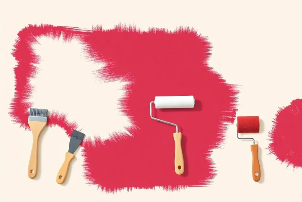 Outils de peinture disposés dans l'ordre des étapes du chantier