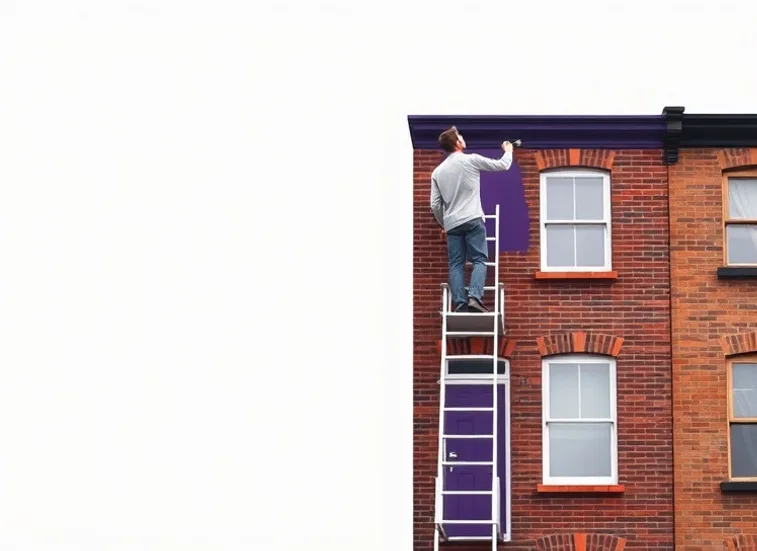 Peintre sur échafaudage traitant la façade d'une maison