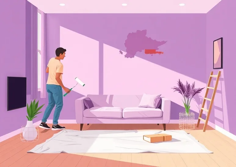 Peintre appliquant la peinture au rouleau sur un mur de salon
